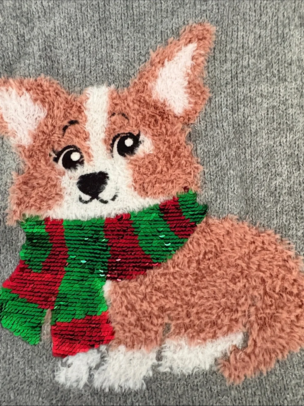 Justice Gray Sweater with Pink Corgi and Green-Red Sequin Scarf
